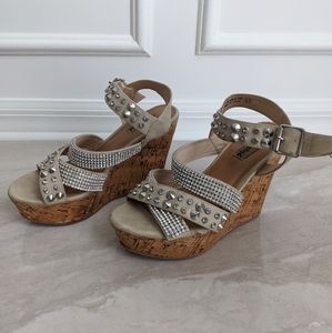 Not Rated Tan Studded Rhinestone Wedge Heels Size 6.5